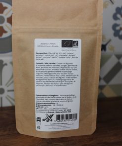 Sachet d'épices bio avec composition détaillée et conseils de recette, certifié AB, produit en France, par Les épices curieuses.