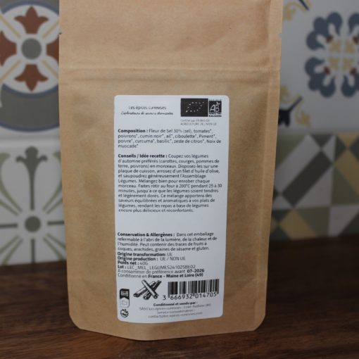 Sachet d'épices bio avec composition détaillée et conseils de recette, certifié AB, produit en France, par Les épices curieuses.
