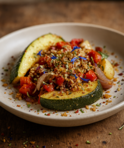 Plat de courgettes rôties avec tomates, garnies de chapelure épicée et herbes, sur assiette blanche en bois.