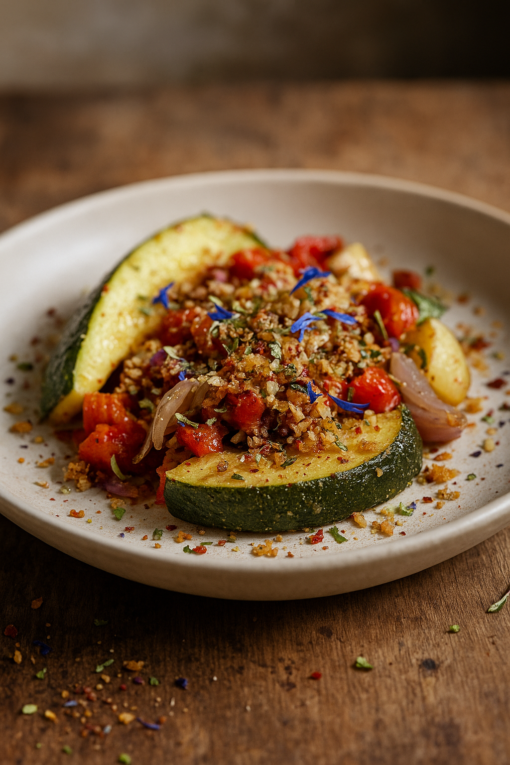 Plat de courgettes rôties avec tomates, garnies de chapelure épicée et herbes, sur assiette blanche en bois.