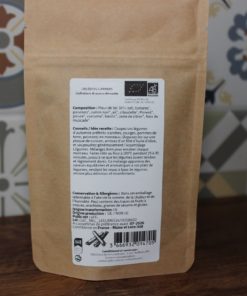 Sachet d'épices bio avec composition détaillée et conseils de recette, certifié AB, produit en France, par Les épices curieuses.