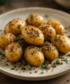 Pommes de terre rôties, assaisonnées d'herbes et d'épices, servies dans une assiette rustique.