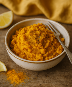 Purée de légumes épicée au curcuma et citron dans un bol en céramique, avec une fourchette, sur une table en bois.