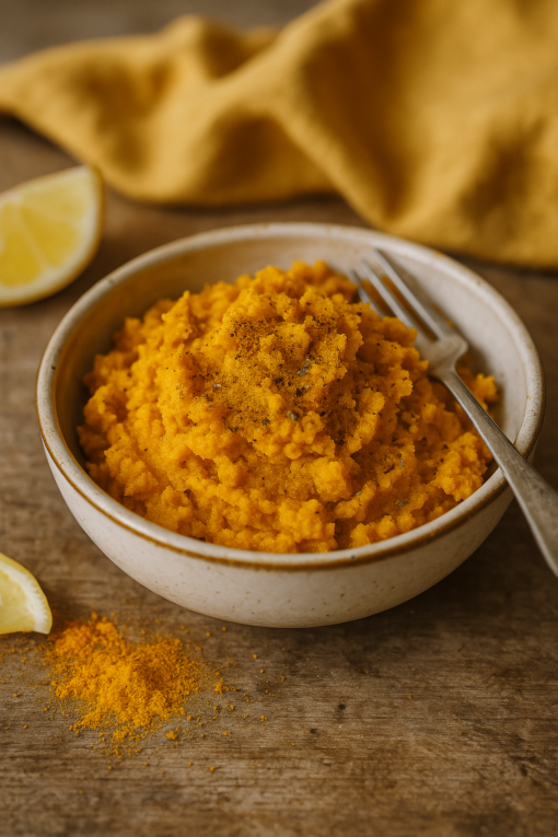 Purée de légumes épicée au curcuma et citron dans un bol en céramique, avec une fourchette, sur une table en bois.