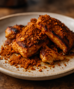 Poulet grillé épicé avec chapelure croustillante, servi sur une assiette en céramique.