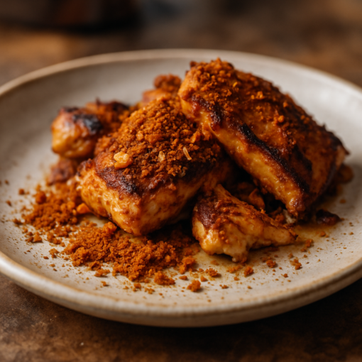 Poulet grillé épicé avec chapelure croustillante, servi sur une assiette en céramique.