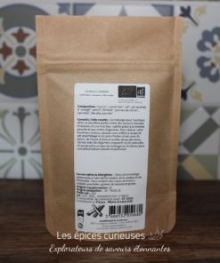 Sac en papier kraft d'épices bio pour houmous avec étiquette détaillant la composition et les conseils d'utilisation.