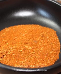 Assaisonnement épicé dans un bol noir, parfait pour relever vos plats avec saveur et chaleur.