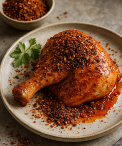 Cuisse de poulet épicée avec croûte croustillante, servie sur assiette, accompagnée d'herbes fraîches.