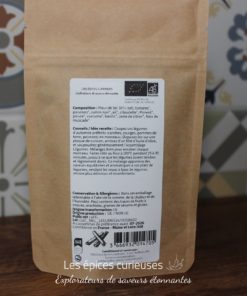 Sachet d'épices bio avec composition détaillée et conseils de recette, certifié AB, produit en France, par Les épices curieuses.