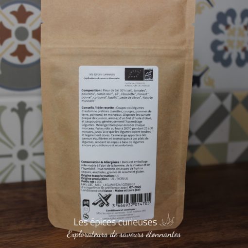 Sachet d'épices bio avec composition détaillée et conseils de recette, certifié AB, produit en France, par Les épices curieuses.