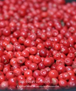 Grains de poivre rose frais en gros plan, utilisés pour leurs saveurs délicates en cuisine.