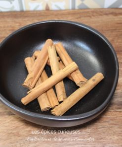 Bâtons de cannelle dans un bol noir sur une table en bois, idéal pour la cuisine et les recettes sucrées et épicées.