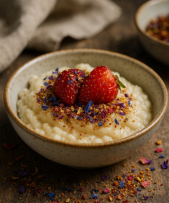Bol de riz au lait garni de fraises fraîches et de fleurs séchées, posé sur une table rustique.