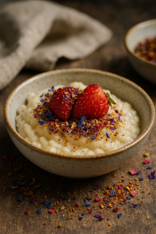 Bol de riz au lait garni de fraises fraîches et de fleurs séchées, posé sur une table rustique.