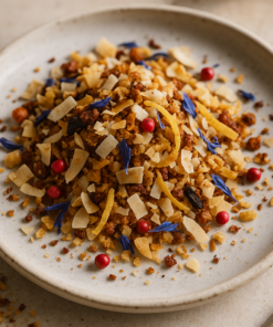 Assiette de crumble avec des copeaux de noix de coco, baies rouges et fleurs bleues sur un plat en céramique.