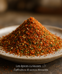 Assiette de shichimi togarashi, un mélange traditionnel japonais de sept épices aux couleurs vives et saveurs variées.