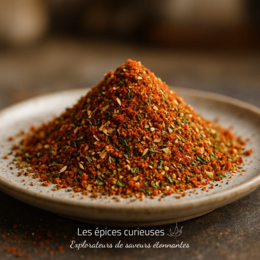 Assiette de shichimi togarashi, un mélange traditionnel japonais de sept épices aux couleurs vives et saveurs variées.