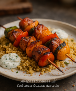 Brochettes de légumes grillés sur boulgour, accompagnées d'une sauce crémeuse, servies dans une assiette beige.