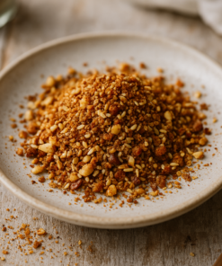 Assiette de dukkah maison, mélange épicé de noix et graines, idéal pour agrémenter vos plats.