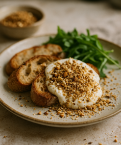 Tranches de pain grillé avec fromage crémeux, noisettes concassées et roquette fraîche sur assiette en céramique.