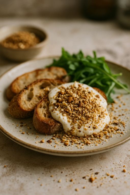 Tranches de pain grillé avec fromage crémeux, noisettes concassées et roquette fraîche sur assiette en céramique.