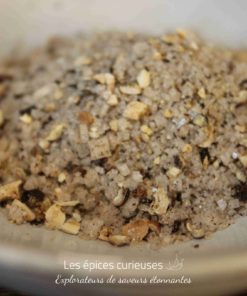 Mélange d'épices et de sel dans un bol blanc, idéal pour assaisonner vos plats avec une touche gourmande et aromatique.