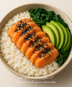 Bol poké au saumon, avocat et riz, garni d'algues et graines de sésame. Repas frais et sain.