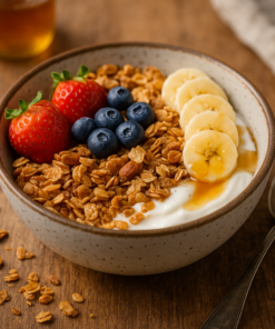 Bol de granola avec fraises, myrtilles, bananes et miel sur yaourt, posé sur une table en bois. Petit-déjeuner sain.
