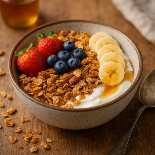 Bol de granola avec fraises, myrtilles, bananes et miel sur yaourt, posé sur une table en bois. Petit-déjeuner sain.