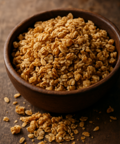 Bol en bois rempli de granola croustillant sur une table en bois rustique. Idéal pour le petit-déjeuner ou les collations.