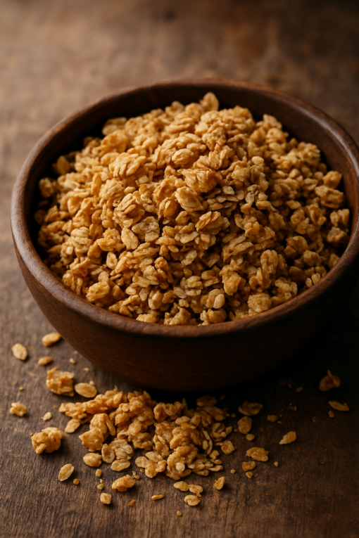 Bol en bois rempli de granola croustillant sur une table en bois rustique. Idéal pour le petit-déjeuner ou les collations.