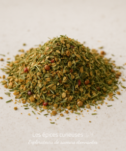 Mélange d'épices et herbes séchées sur fond blanc, parfait pour assaisonner vos plats avec saveur.