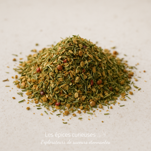Mélange d'épices et herbes séchées sur fond blanc, parfait pour assaisonner vos plats avec saveur.