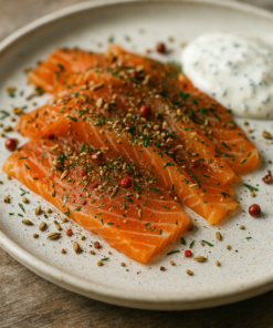 Tranches de saumon mariné aux épices avec sauce crémeuse, servies sur une assiette en céramique.