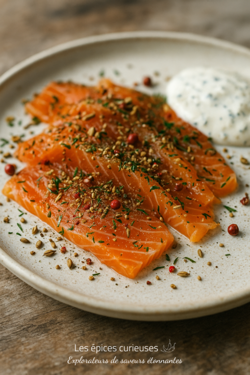 Tranches de saumon mariné aux épices avec sauce crémeuse, servies sur une assiette en céramique.