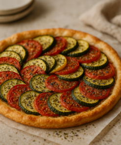 Tarte aux légumes colorée avec courgettes et tomates sur une pâte dorée, assaisonnée d'herbes aromatiques.