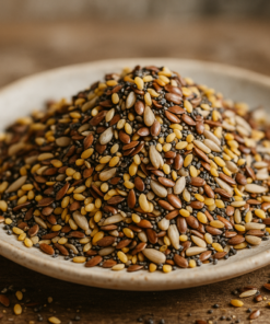 Assortiment de graines superaliments sur une assiette pour une alimentation saine et équilibrée.