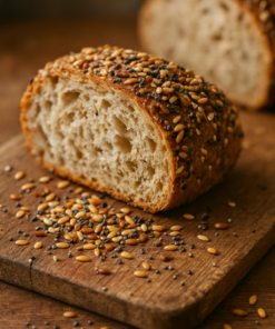 Pain de graines artisanales sur planche en bois, tranches et graines dispersées.