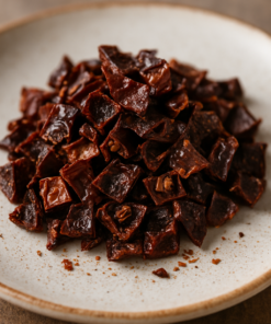 Morceaux de piment séché sur une assiette blanche, parfaits pour rehausser vos plats avec une touche épicée.