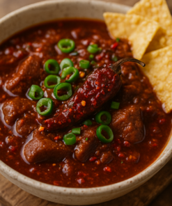 Bol de chili con carne épicé garni de piments verts et chips tortilla.