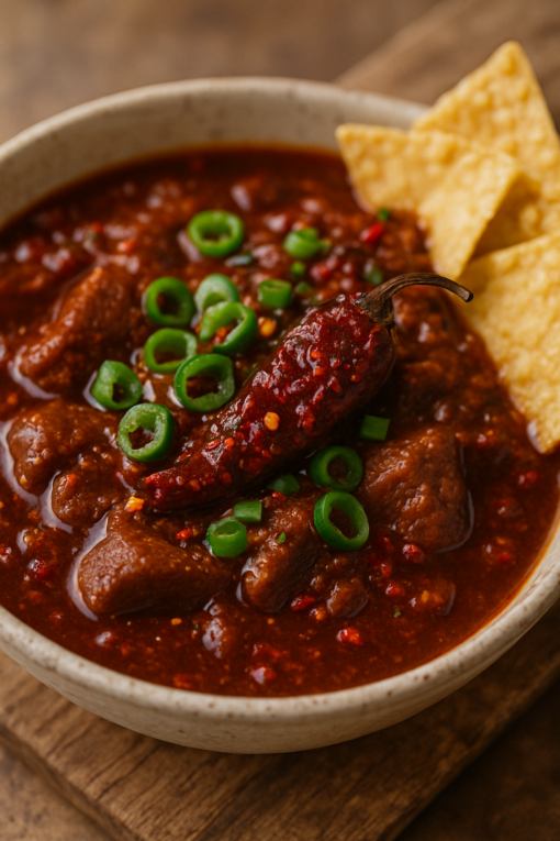 Bol de chili con carne épicé garni de piments verts et chips tortilla.