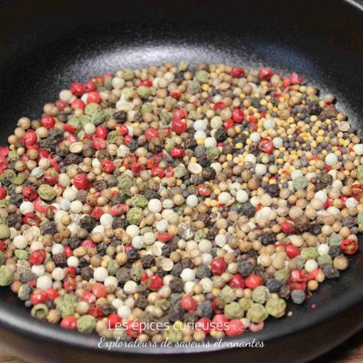 Mélange coloré de grains de poivre et d'épices dans une poêle. Parfait pour rehausser vos plats de saveurs épicées.
