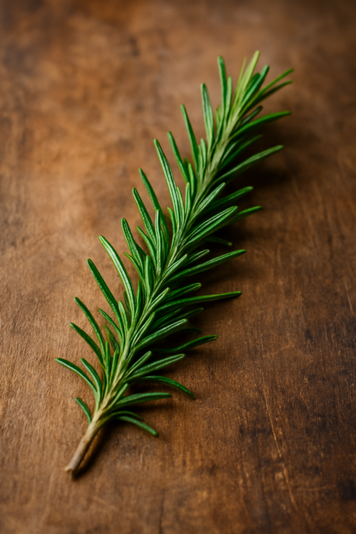 Brin de romarin frais sur une table en bois, idéal pour la cuisine méditerranéenne et les plats aromatiques.
