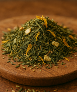 Mélange de thé vert avec zestes d'agrumes et fleurs séchées sur une planche en bois.