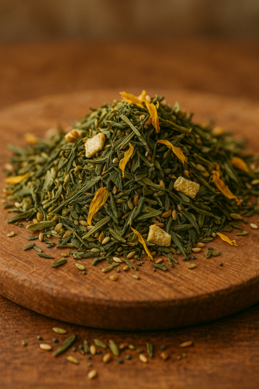 Mélange de thé vert avec zestes d'agrumes et fleurs séchées sur une planche en bois.
