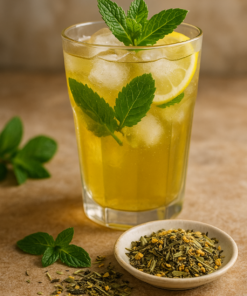 Verre de thé glacé à la menthe avec tranches de citron, feuilles fraîches et mélange de thé sur table rustique.