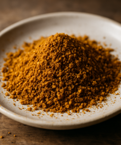 Assiette de curry en poudre sur une table en bois, vue rapprochée. Assaisonnement utilisé pour rehausser les plats.