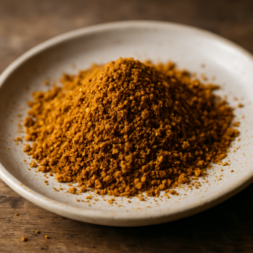 Assiette de curry en poudre sur une table en bois, vue rapprochée. Assaisonnement utilisé pour rehausser les plats.