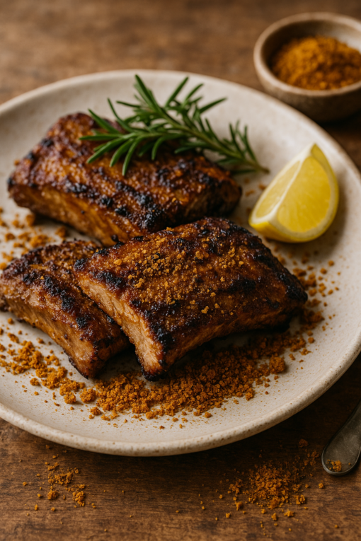 Côtes de porc grillées avec romarin, épices et quartier de citron sur assiette blanche en céramique.
